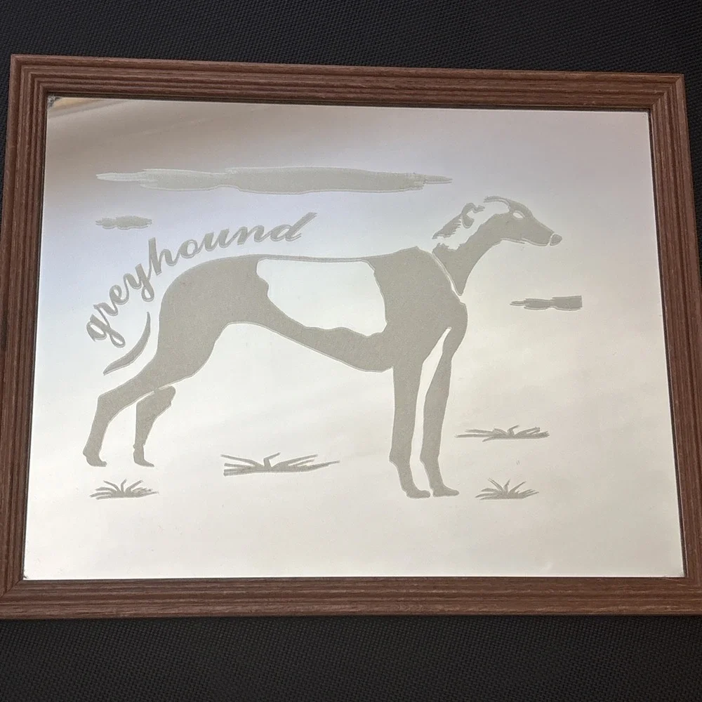 Vintage Greyhound Dog Etched Mirror Wood Frame 15x12 Retro Sighthound Wall Decor